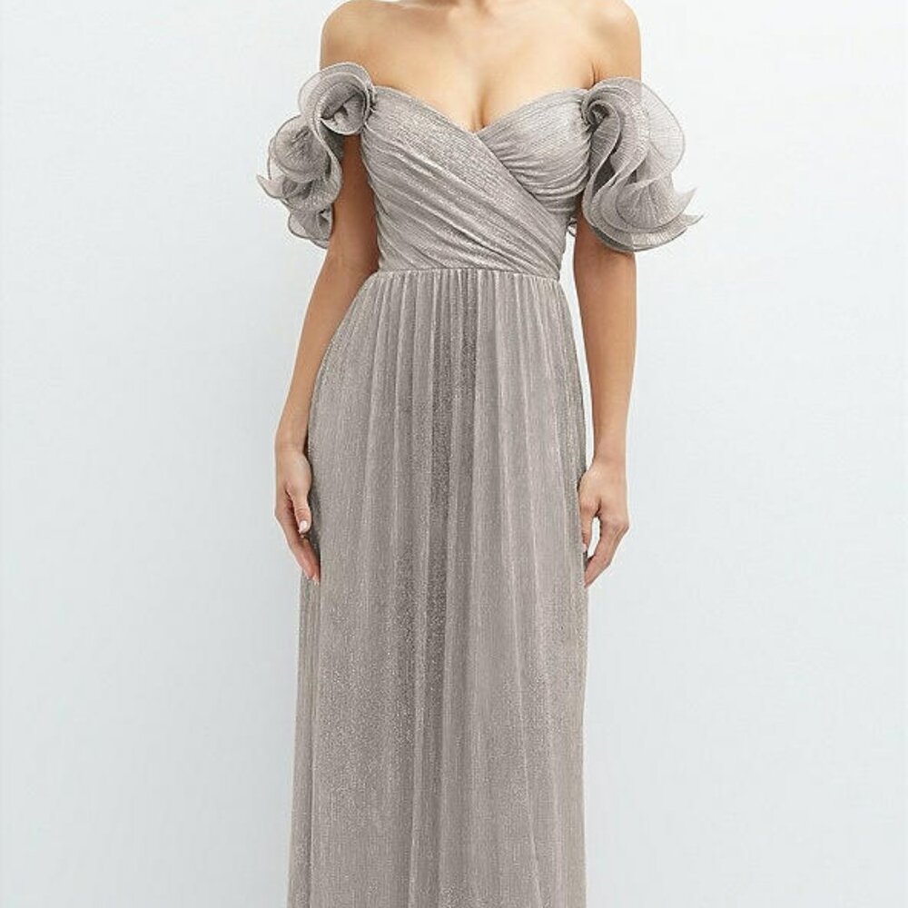 After Six 6883...Convertible Strap Metallic Pleated Dress...Taupe.....Size XXS